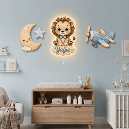 Kişiye Özel İsimli Aslan Ay Uçak Ay Yıldız 4lü Set  Led Işıklı Bebek Odası Ahşap Duvar Dekoru-İsim için Whatsapptan mesaj Atınız- - Gece Lambası