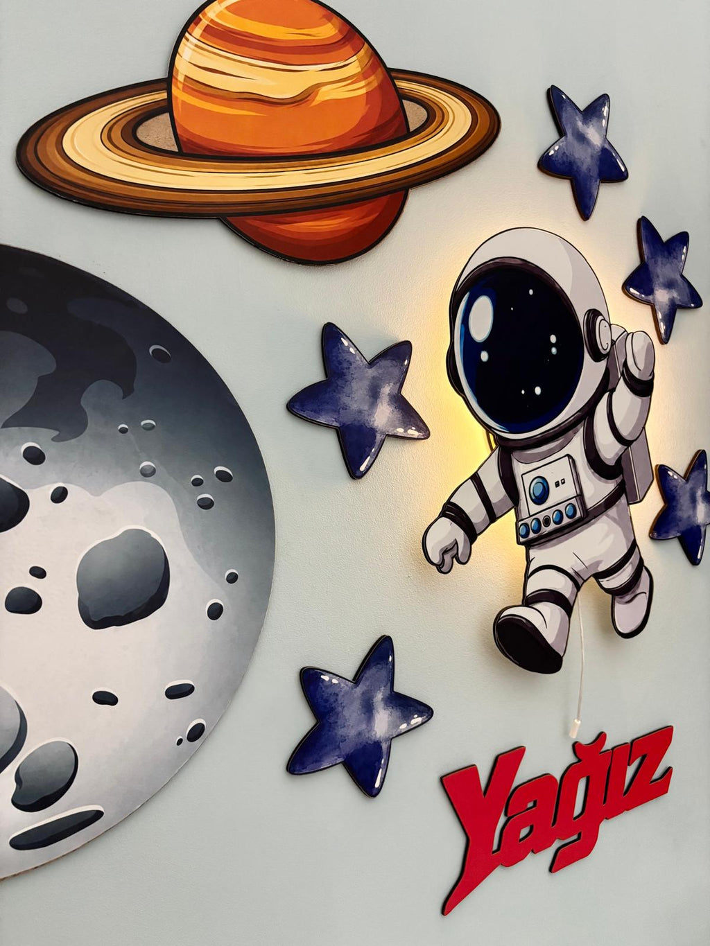 Kişiye Özel İsimli Astronot 10 Parça Set - Led Işıklı Bebek Odası Ahşap Duvar Dekoru-İsim için Whatsapptan mesaj Atınız- - Gece Lambası