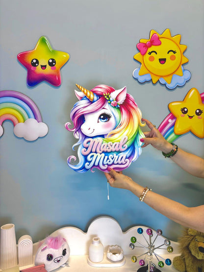 Kişiye Özel İsimli Unicorn 5 Parça Set - Led Işıklı Bebek Odası Ahşap Duvar Dekoru-İsim için Whatsapptan mesaj Atınız- - Gece Lambası