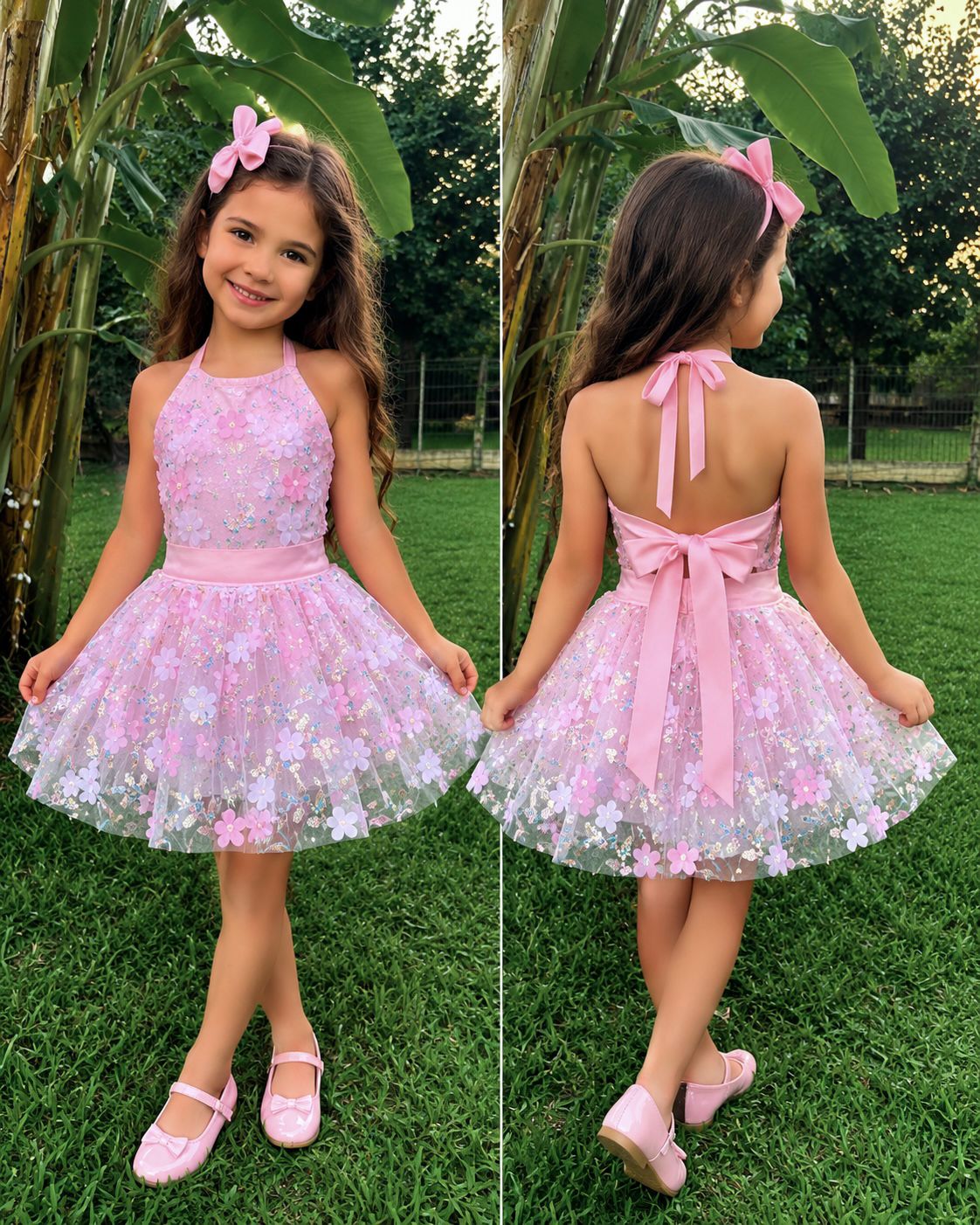 Pudra Pembe Çiçekli Kız Çocuk Crop Etek Takım - Bebek Doğum Günü Elbisesi - ipeqakids