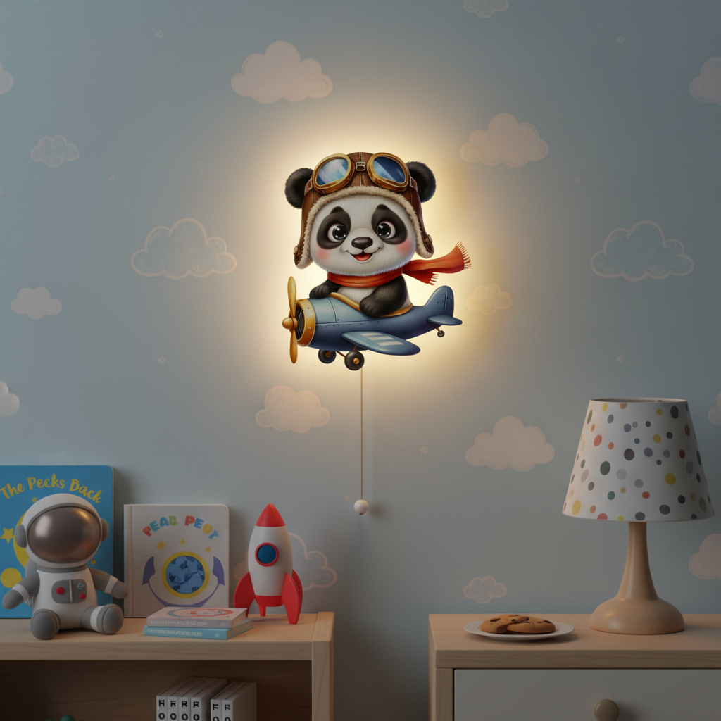 Uçan Panda Led Işıklı Bebek Odası Ahşap Duvar Dekoru - Gece Lambası