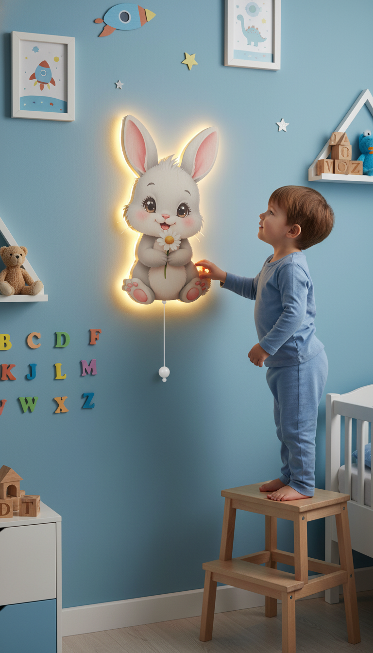 Tavşan Pilli Led Işıklı Bebek Odası Ahşap Duvar Dekoru - Gece Lambası