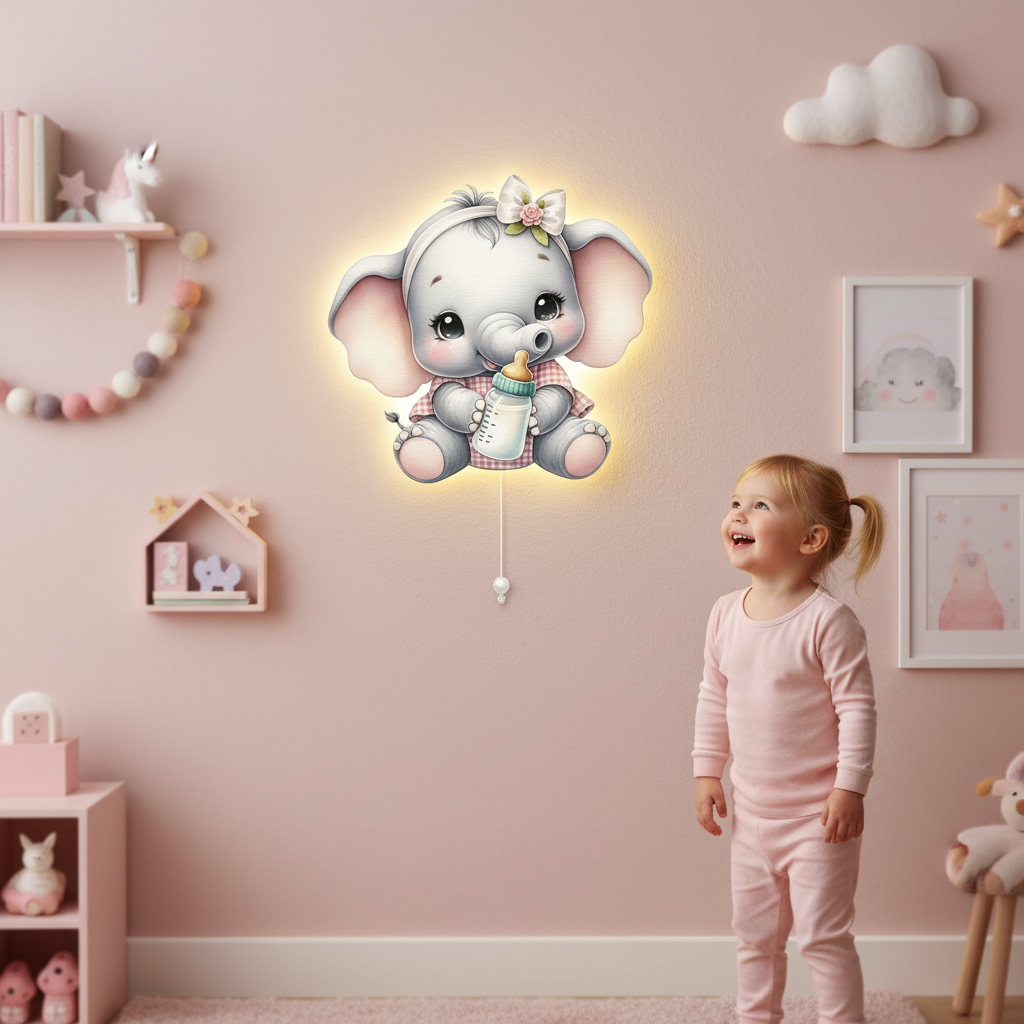 Fil Pilli Led Işıklı Bebek Odası Ahşap Duvar Dekoru - Gece Lambası