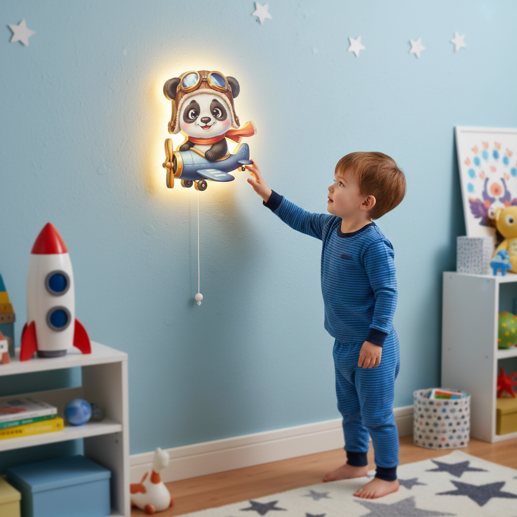 Uçan Panda Led Işıklı Bebek Odası Ahşap Duvar Dekoru - Gece Lambası