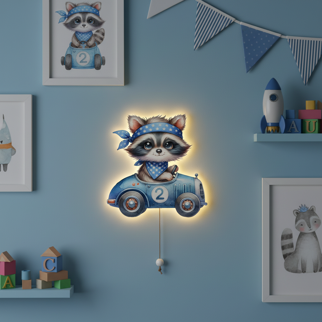 Yarışçı Rakun Led Işıklı Bebek Odası Ahşap Duvar Dekoru - Gece Lambası