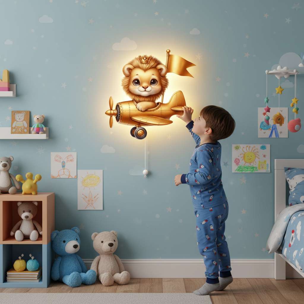 Uçan Altın Aslan Led Işıklı Bebek Odası Ahşap Duvar Dekoru - Gece Lambası