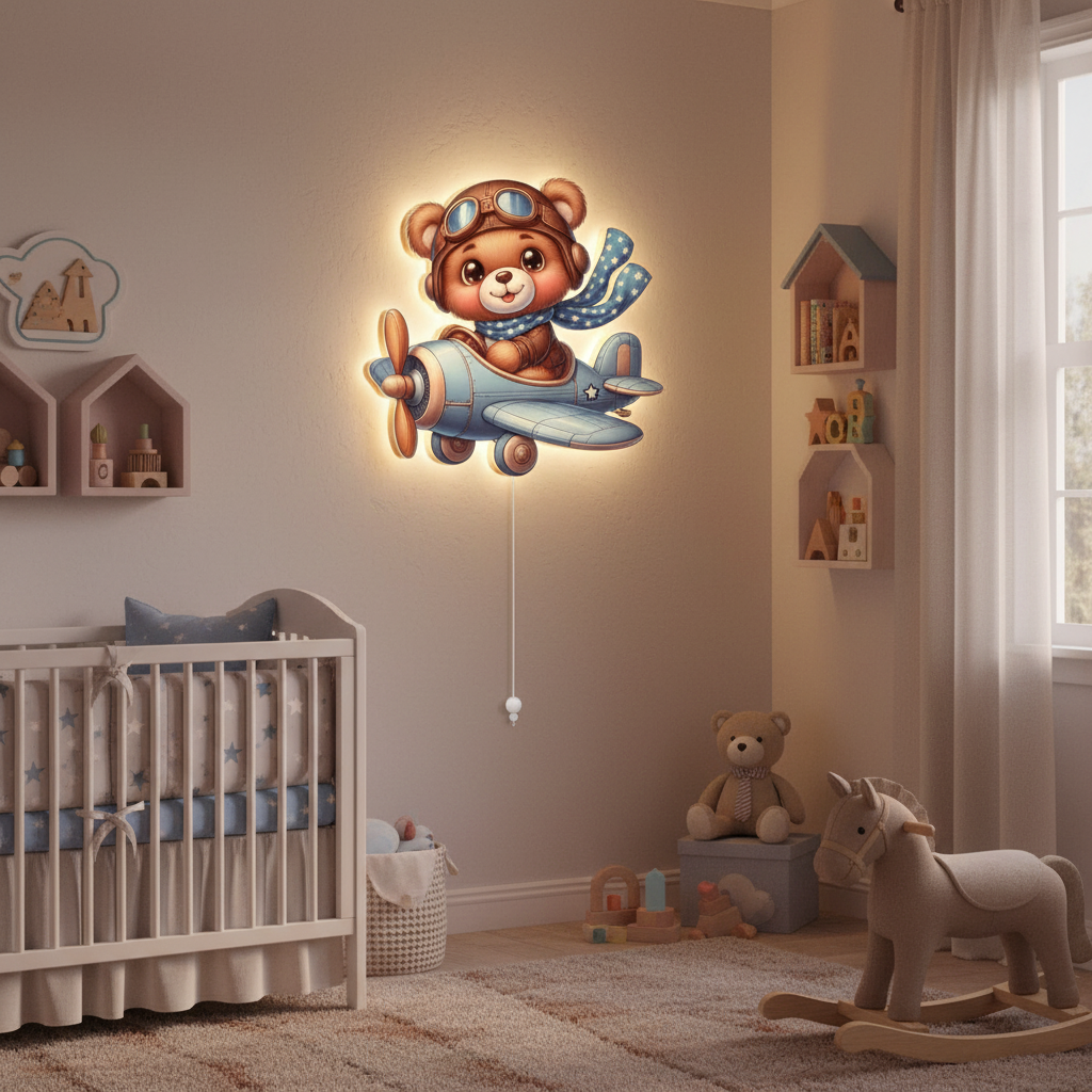 Uçan Ayıcık Pilli Led Işıklı Bebek Odası Ahşap Duvar Dekoru - Gece Lambası