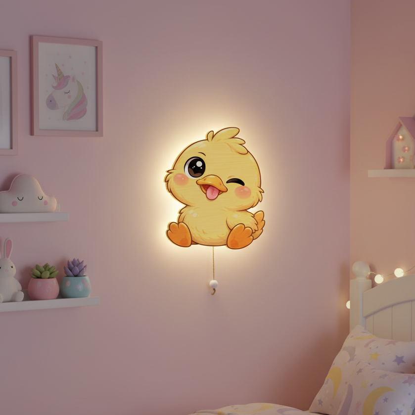 Neşeli Civciv Led Işıklı Bebek Odası Ahşap Duvar Dekoru - Gece Lambası