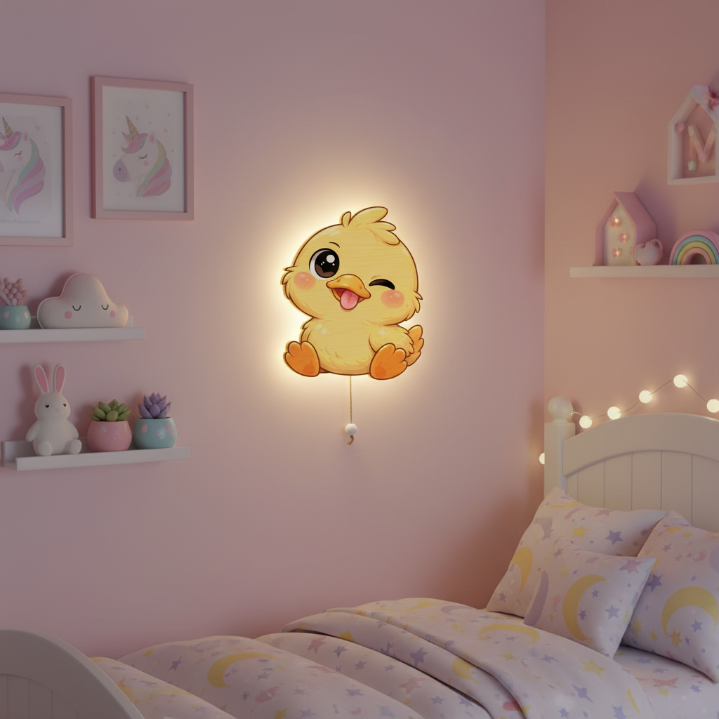 Neşeli Civciv Led Işıklı Bebek Odası Ahşap Duvar Dekoru - Gece Lambası