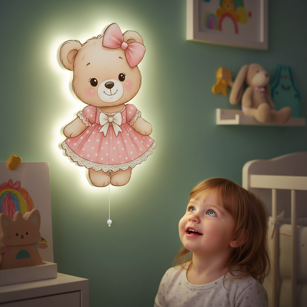 Ayıcık Pilli Led Işıklı Bebek Odası Ahşap Duvar Dekoru - Gece Lambası
