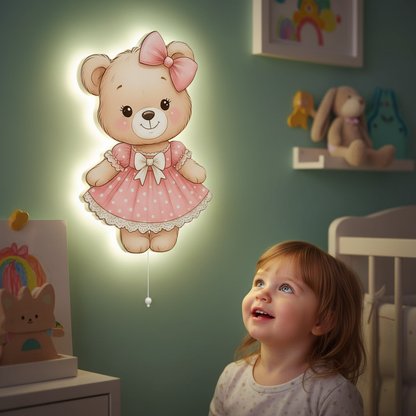 Ayıcık Pilli Led Işıklı Bebek Odası Ahşap Duvar Dekoru - Gece Lambası