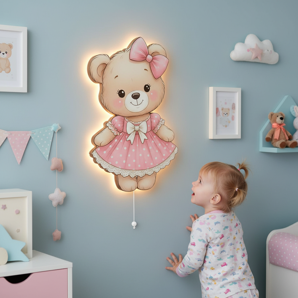 Ayıcık Pilli Led Işıklı Bebek Odası Ahşap Duvar Dekoru - Gece Lambası