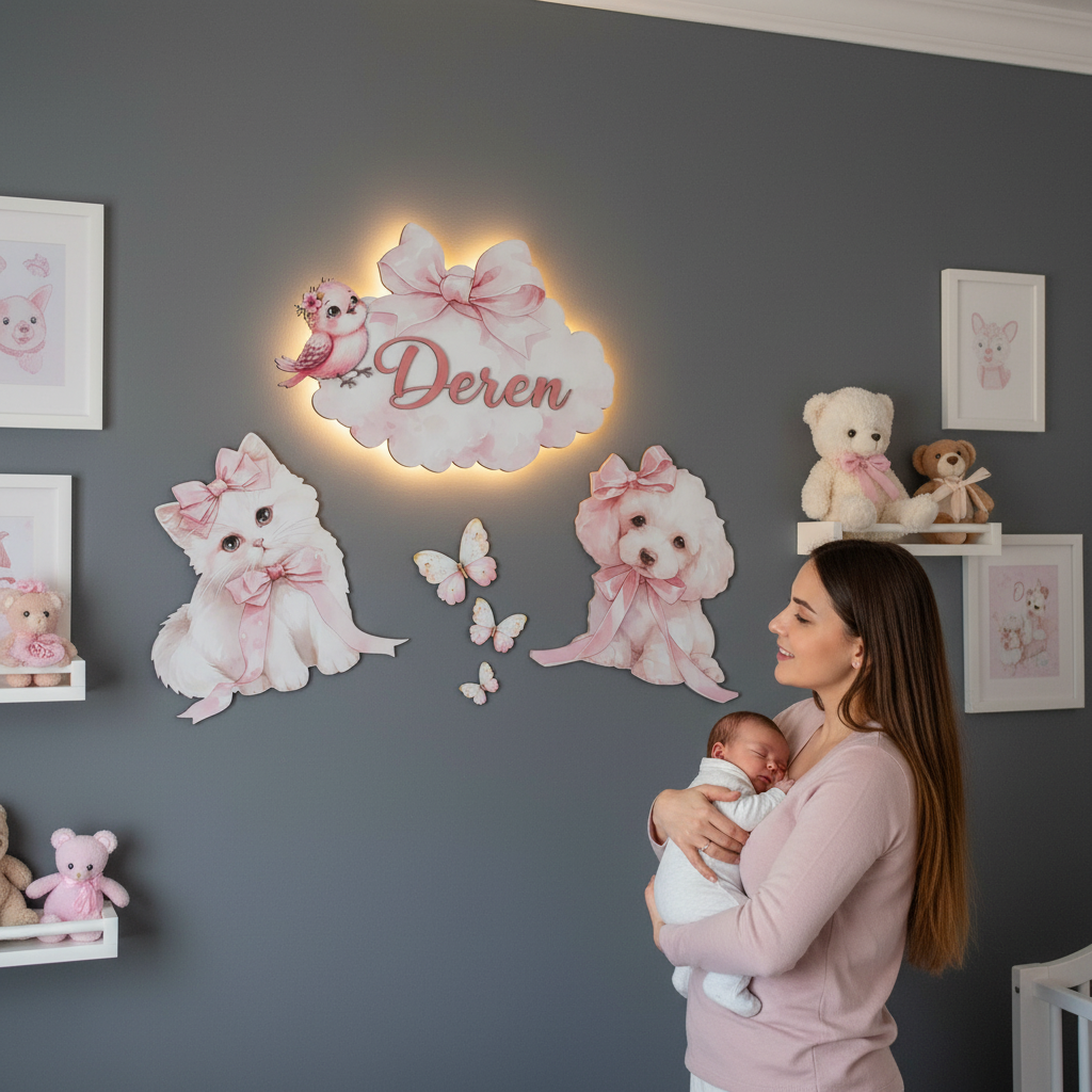 Kişiye Özel İsimli Kedi ve Köpek 6lı Set, Kelebekler Dahil, Led Işıklı Bebek Odası Ahşap Duvar Dekoru-İsim için Whatsapptan mesaj Atınız- - Gece Lambası