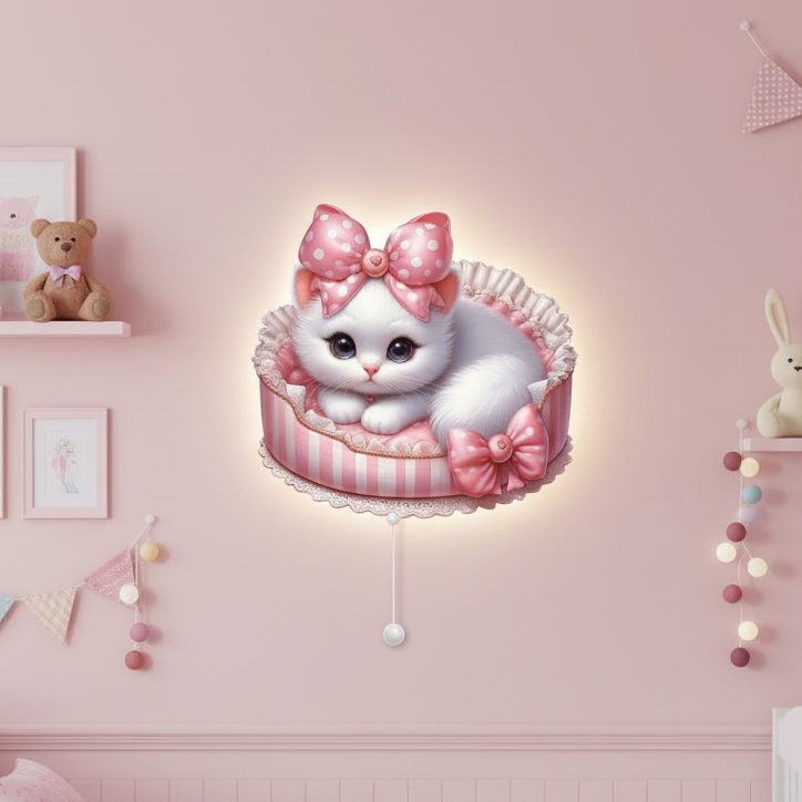 Pembe Kurdeleli Kedi Led Işıklı Bebek Odası Ahşap Duvar Dekoru - Gece Lambası