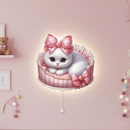 Pembe Kurdeleli Kedi Led Işıklı Bebek Odası Ahşap Duvar Dekoru - Gece Lambası