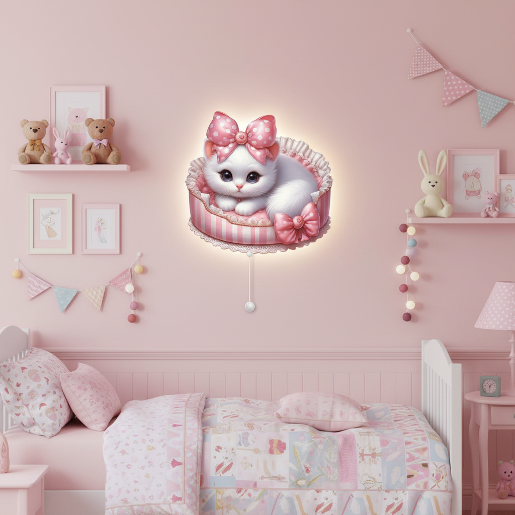 Pembe Kurdeleli Kedi Led Işıklı Bebek Odası Ahşap Duvar Dekoru - Gece Lambası