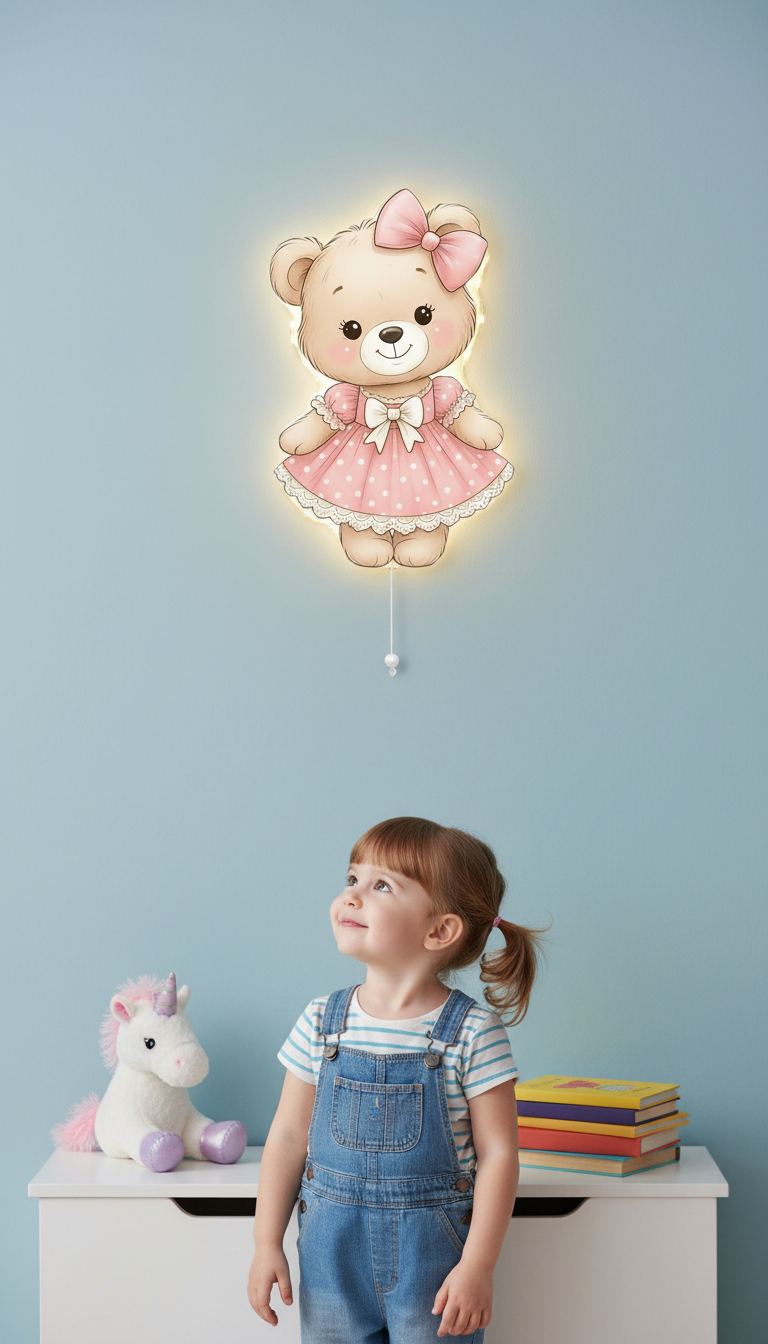 Ayıcık Pilli Led Işıklı Bebek Odası Ahşap Duvar Dekoru - Gece Lambası