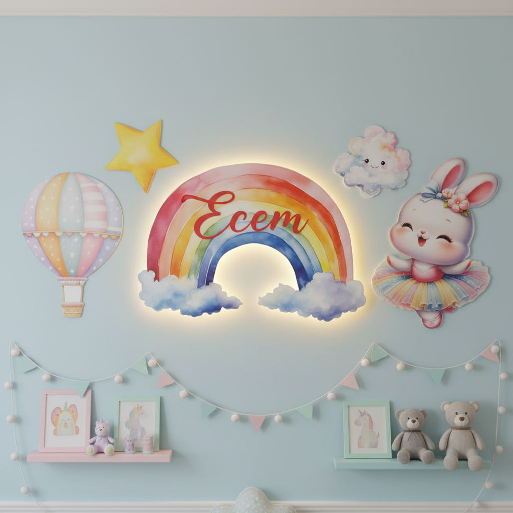 Kişiye Özel İsimli Tavşan Gökkuşağı Balon 5 Parça Set, Led Işıklı Bebek Odası Ahşap Duvar Dekoru-İsim için Whatsapptan mesaj Atınız- - Gece Lambası