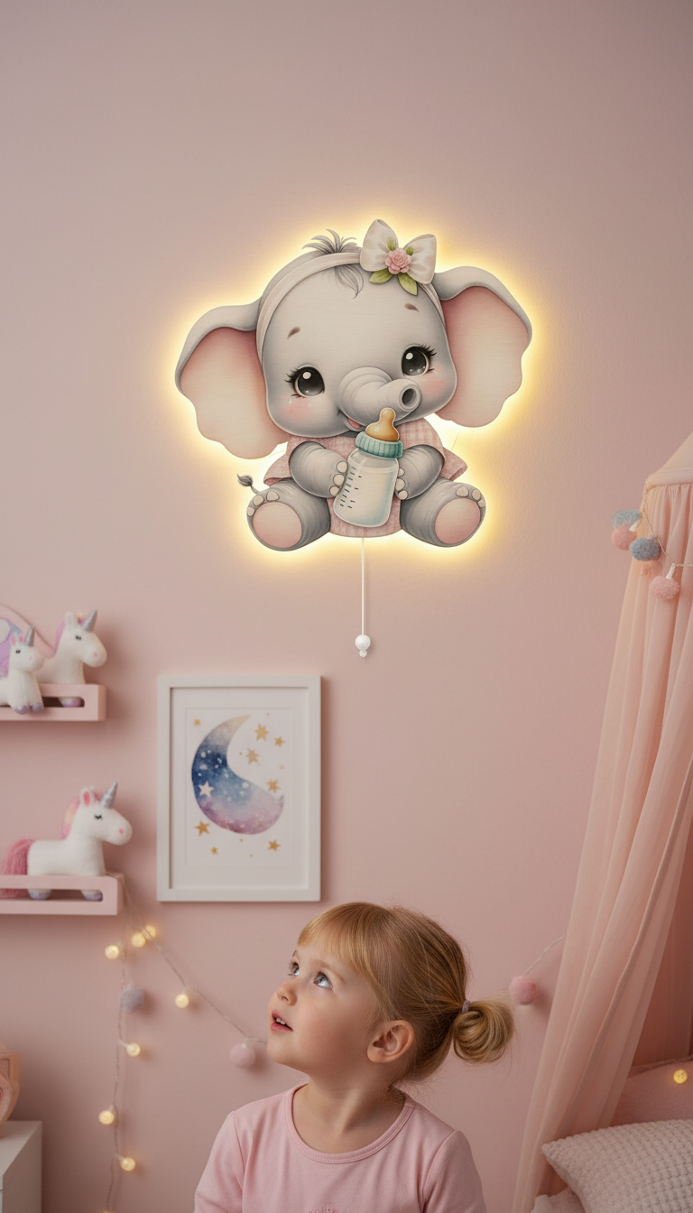 Fil Pilli Led Işıklı Bebek Odası Ahşap Duvar Dekoru - Gece Lambası