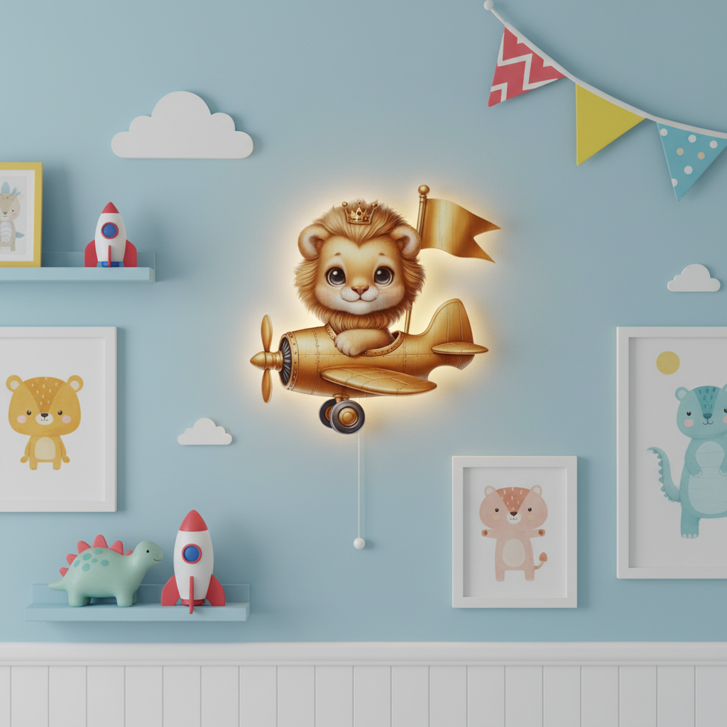 Uçan Altın Aslan Led Işıklı Bebek Odası Ahşap Duvar Dekoru - Gece Lambası