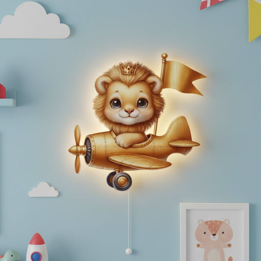 Uçan Altın Aslan Led Işıklı Bebek Odası Ahşap Duvar Dekoru - Gece Lambası