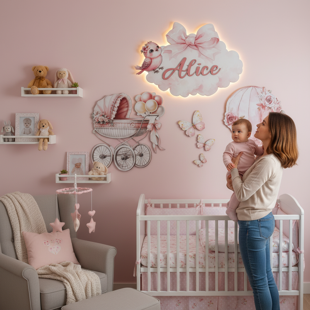 Kişiye Özel İsimli Bulut Balon Bebek Arabası 6lı Set, Kelebekler DAHİL, Led Işıklı Bebek Odası Ahşap Duvar Dekoru-İsim için Whatsapptan mesaj Atınız- - Gece Lambası