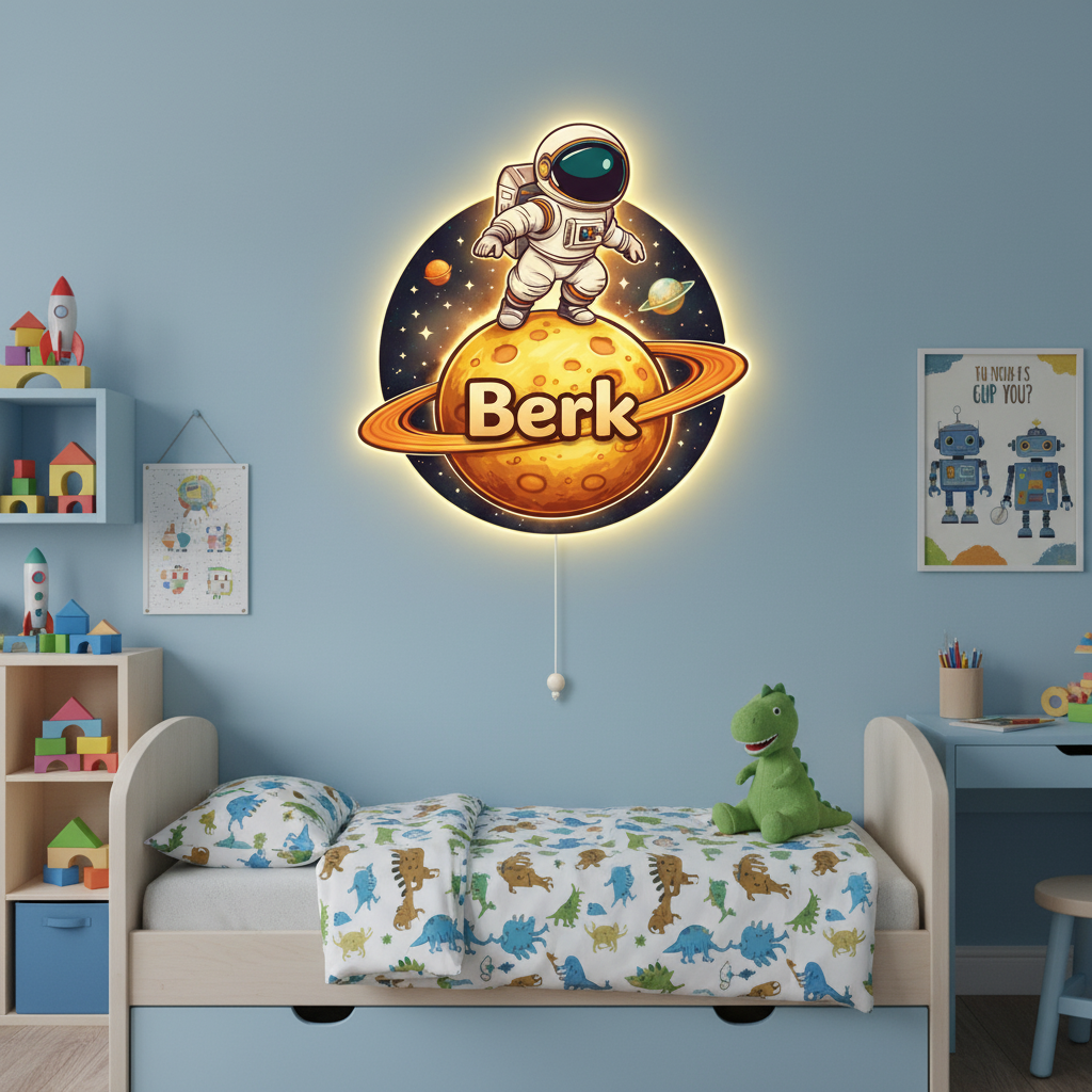 Kişiye Özel İsimli Astronot Pilli Led Işıklı Bebek Odası Ahşap Duvar Dekoru-İsim için Whatsapptan mesaj Atınız- - Gece Lambası