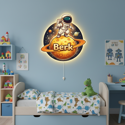 Kişiye Özel İsimli Astronot Pilli Led Işıklı Bebek Odası Ahşap Duvar Dekoru-İsim için Whatsapptan mesaj Atınız- - Gece Lambası