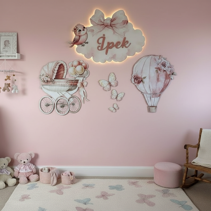 Kişiye Özel İsimli Bulut Balon Bebek Arabası 6lı Set, Kelebekler DAHİL, Led Işıklı Bebek Odası Ahşap Duvar Dekoru-İsim için Whatsapptan mesaj Atınız- - Gece Lambası
