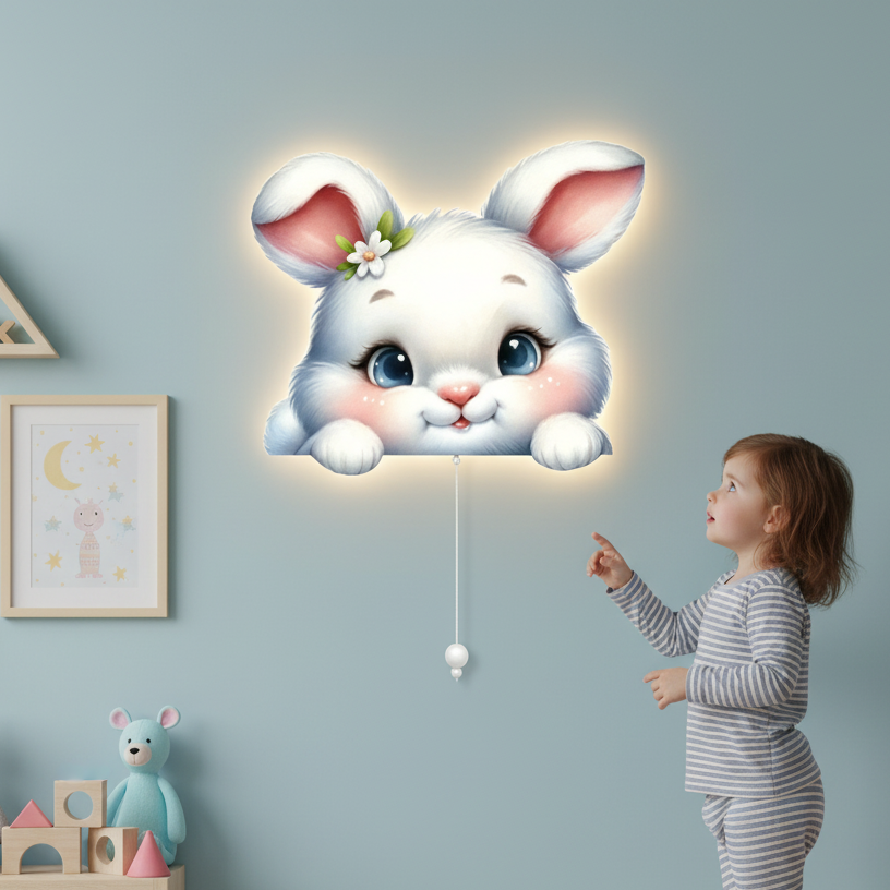 Tavşan Pilli Led Işıklı Bebek Odası Ahşap Duvar Dekoru - Gece Lambası