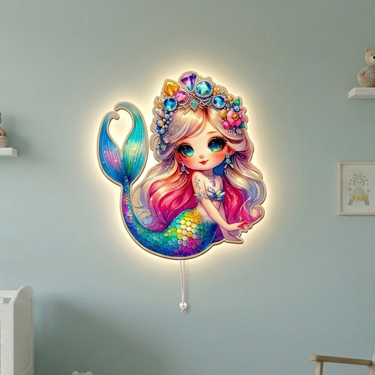 Denizkızı Led Işıklı Bebek Odası Ahşap Duvar Dekoru - Gece Lambası