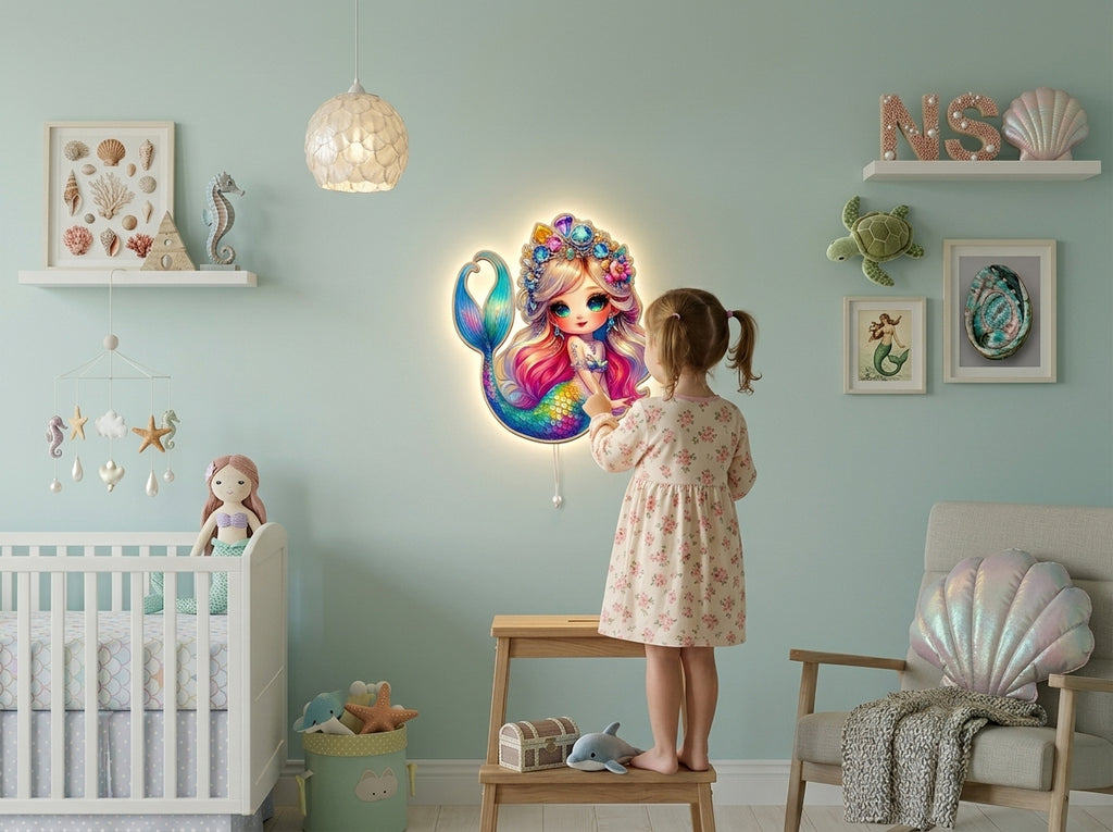 Denizkızı Led Işıklı Bebek Odası Ahşap Duvar Dekoru - Gece Lambası