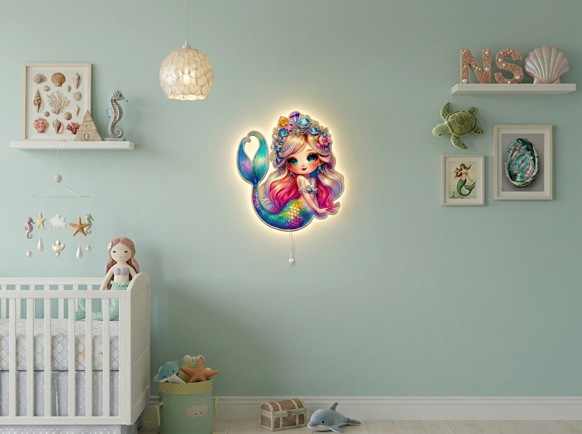 Denizkızı Led Işıklı Bebek Odası Ahşap Duvar Dekoru - Gece Lambası