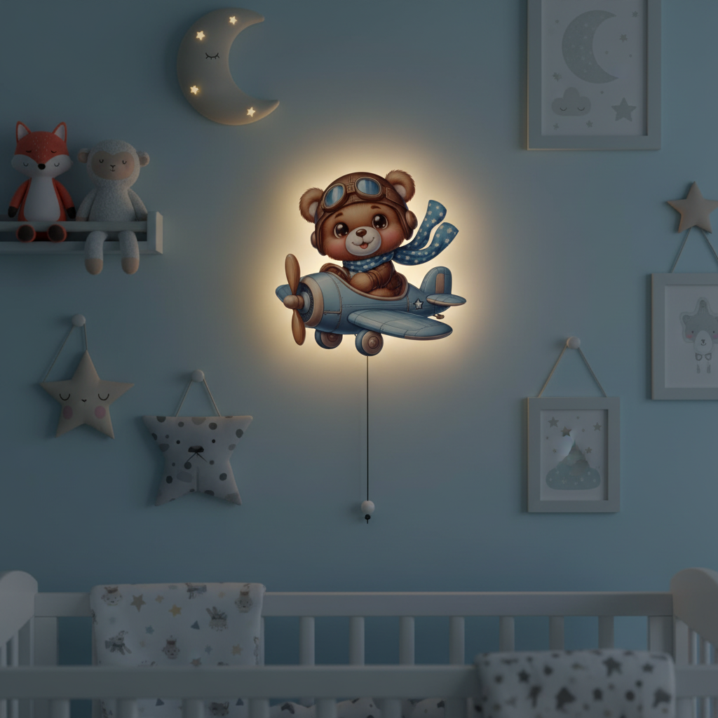 Uçan Ayıcık Pilli Led Işıklı Bebek Odası Ahşap Duvar Dekoru - Gece Lambası