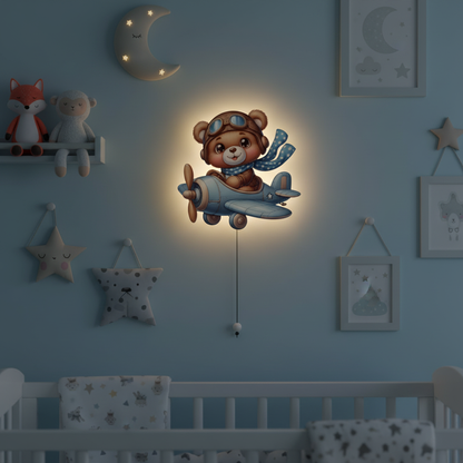 Uçan Ayıcık Pilli Led Işıklı Bebek Odası Ahşap Duvar Dekoru - Gece Lambası