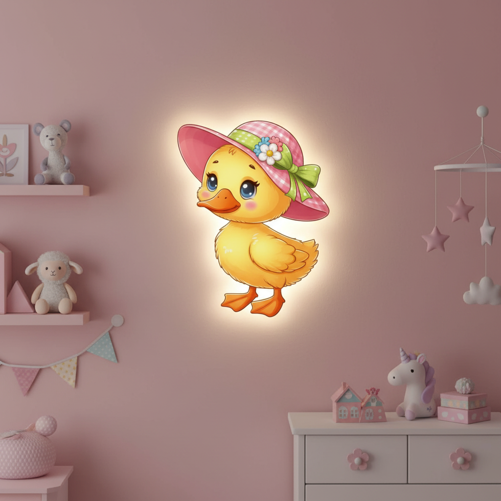 Şapkalı Civciv Led Işıklı Bebek Odası Ahşap Duvar Dekoru - Gece Lambası