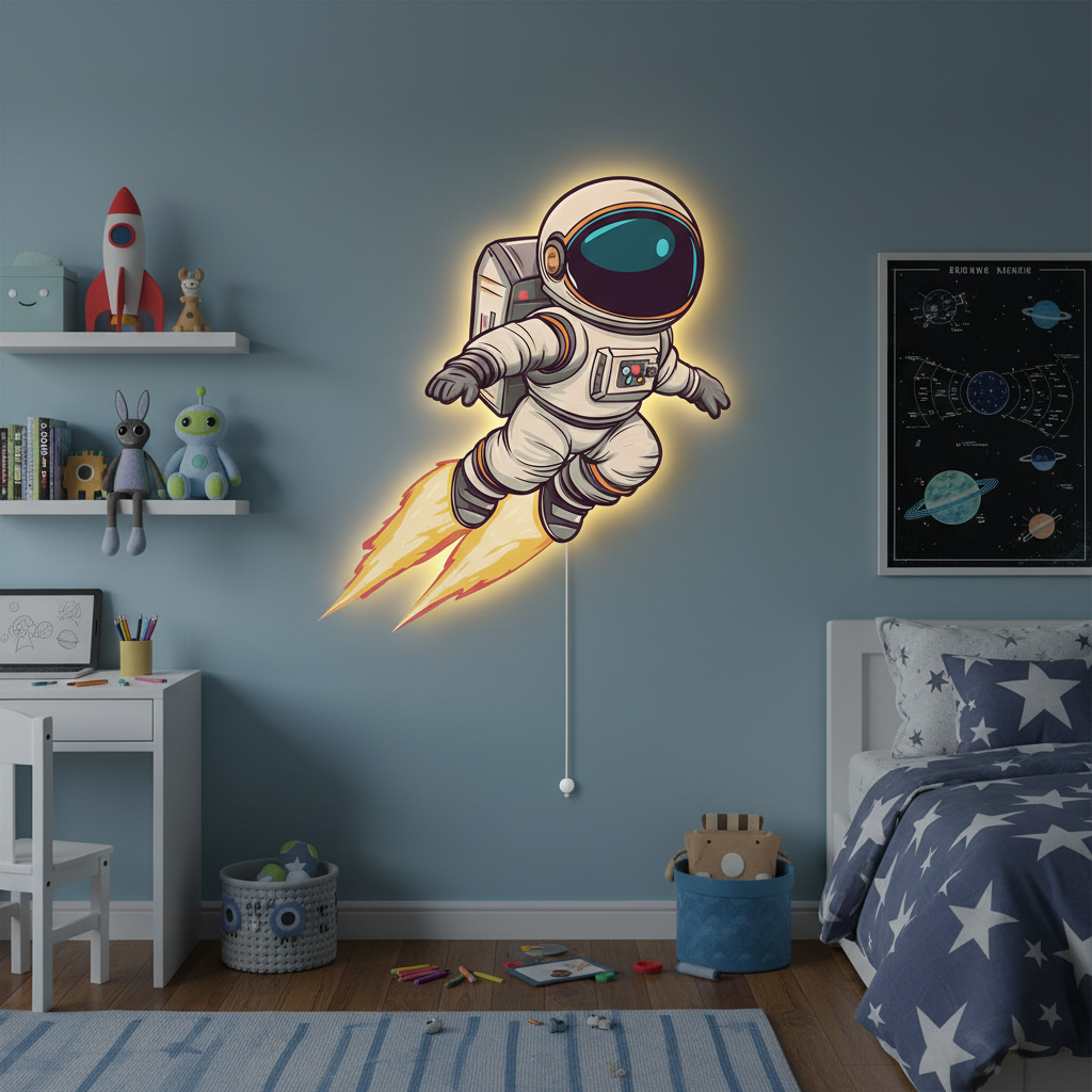 Uçan Astronot Led Işıklı Bebek Odası Ahşap Duvar Dekoru - Gece Lambası