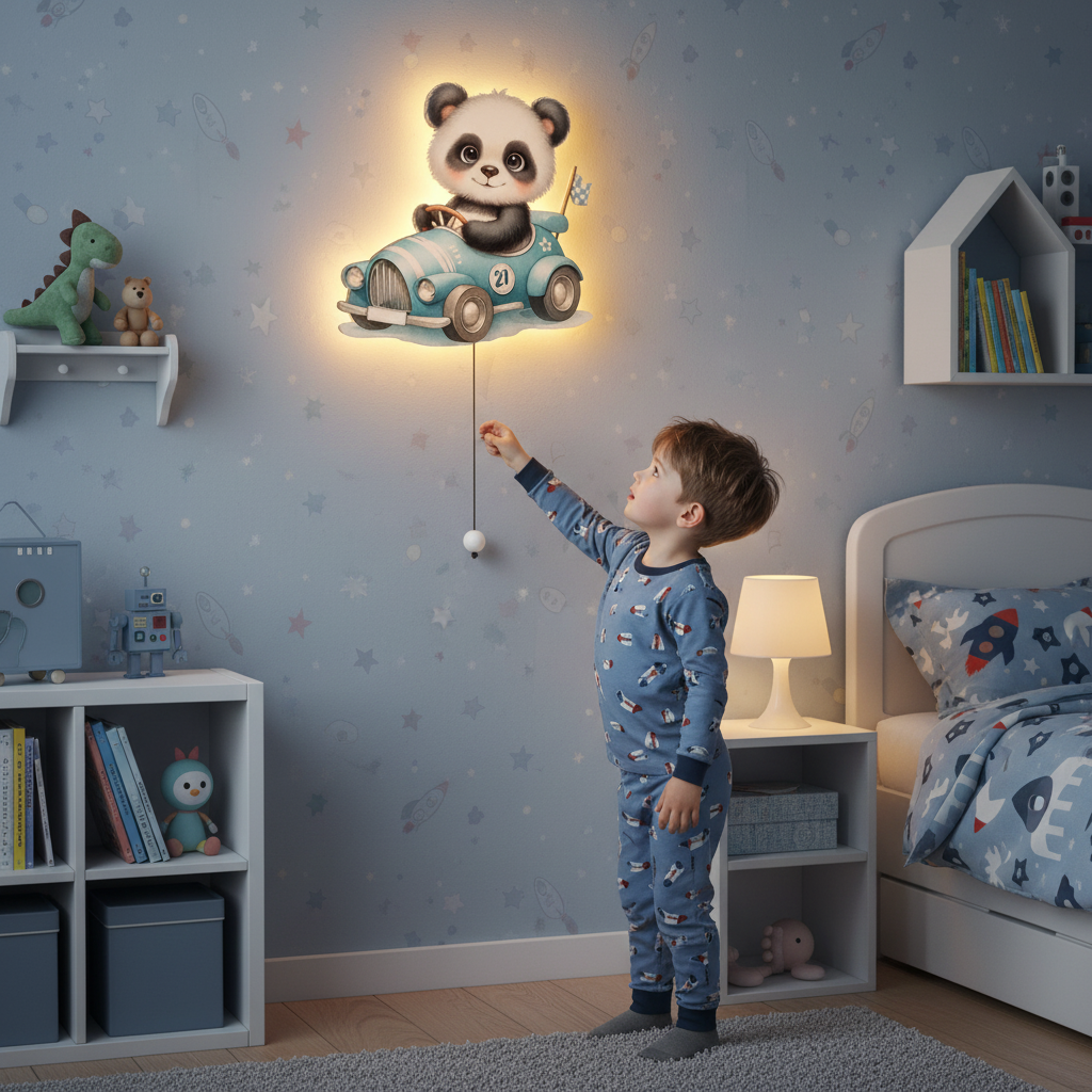 Yarışçı Panda Led Işıklı Bebek Odası Ahşap Duvar Dekoru - Gece Lambası