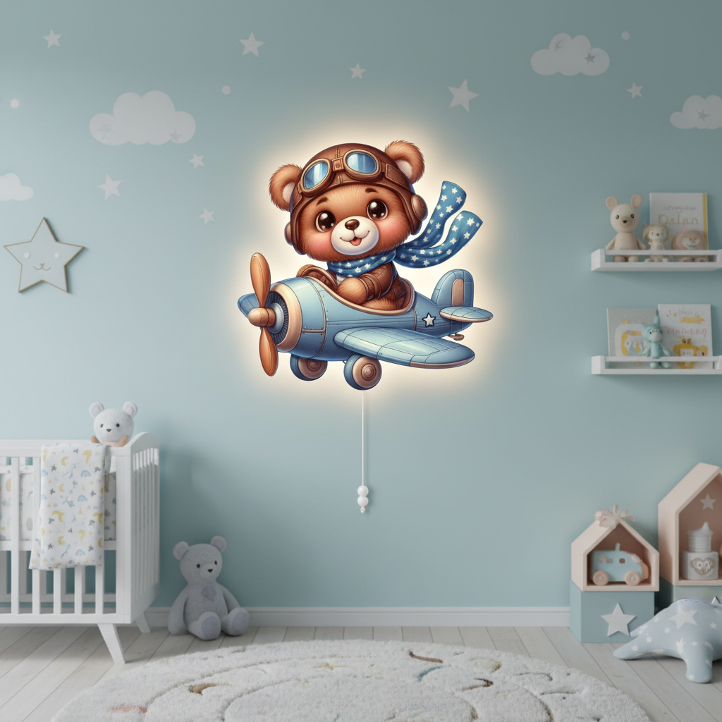 Uçan Ayıcık Pilli Led Işıklı Bebek Odası Ahşap Duvar Dekoru - Gece Lambası