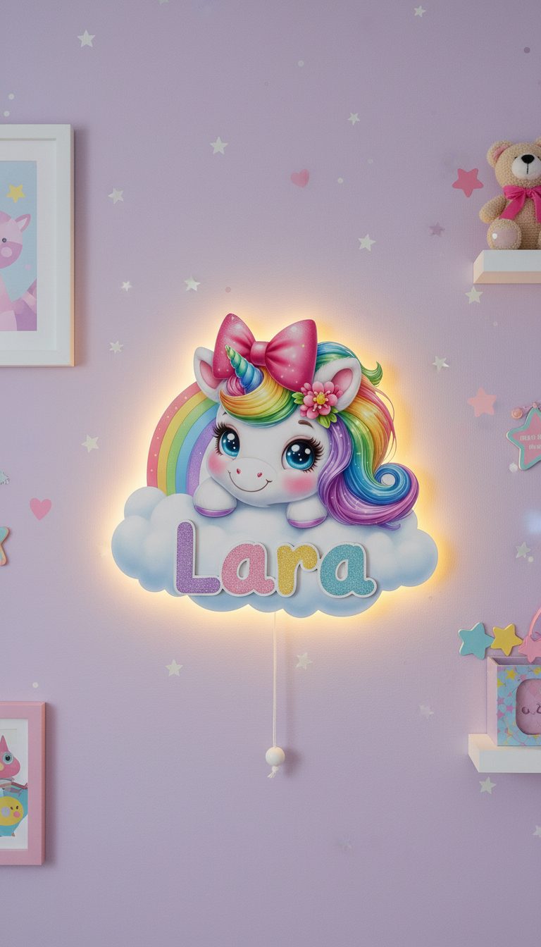Kişiye Özel İsimli Unicorn Pilli Led Işıklı Bebek Odası Ahşap Duvar Dekoru-İsim için Whatsapptan mesaj Atınız- - Gece Lambası