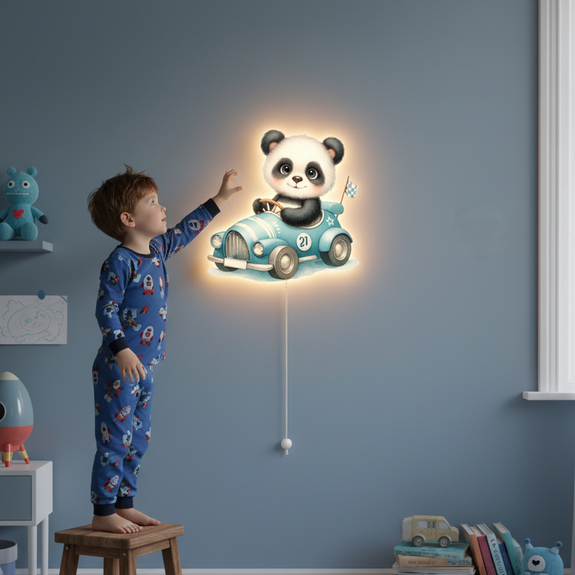 Yarışçı Panda Led Işıklı Bebek Odası Ahşap Duvar Dekoru - Gece Lambası