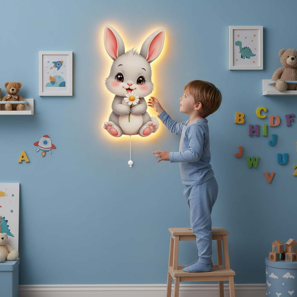 Tavşan Pilli Led Işıklı Bebek Odası Ahşap Duvar Dekoru - Gece Lambası
