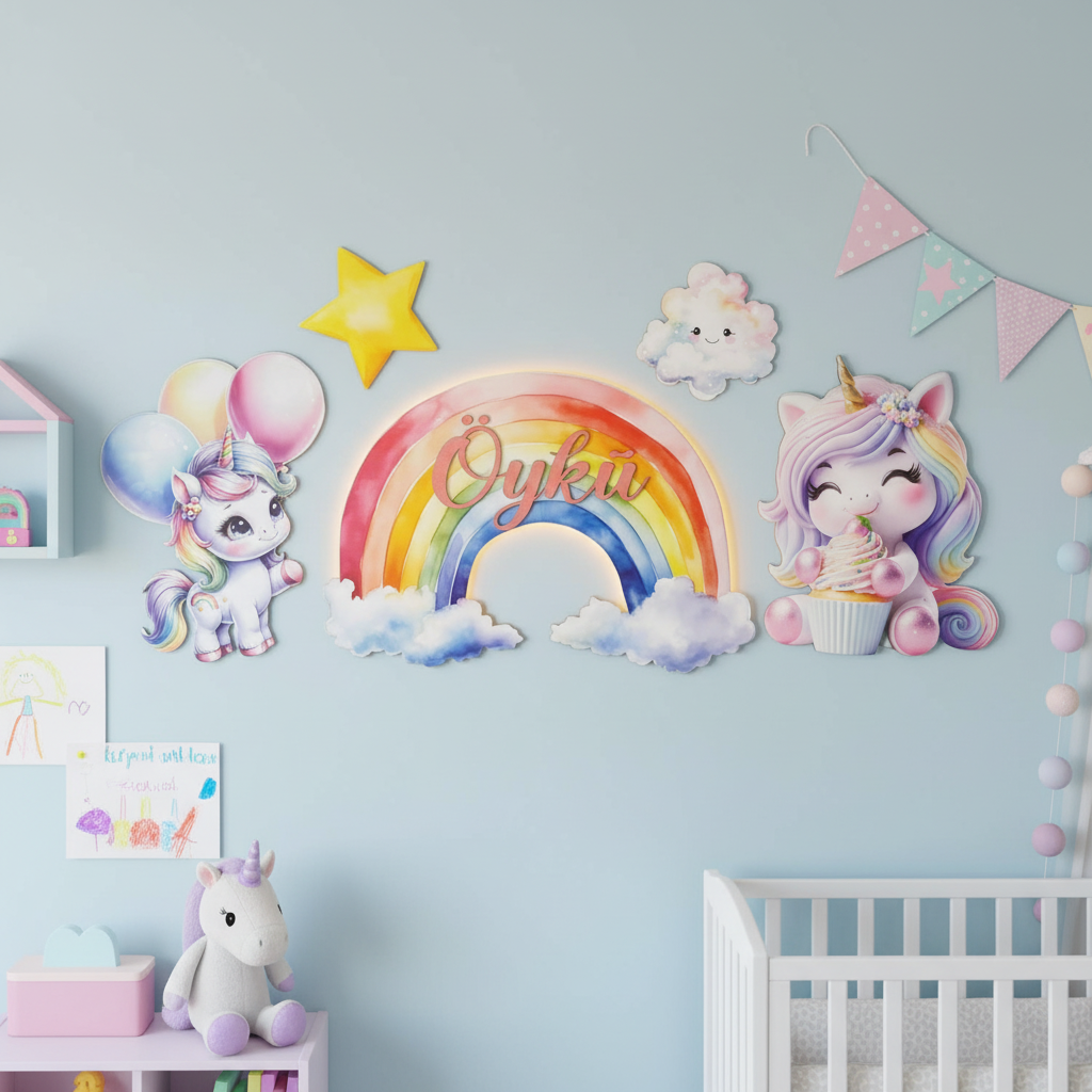 Kişiye Özel İsimli Unicorn Gökkuşağı 5 Parça Set, Led Işıklı Bebek Odası Ahşap Duvar Dekoru-İsim için Whatsapptan mesaj Atınız- - Gece Lambası