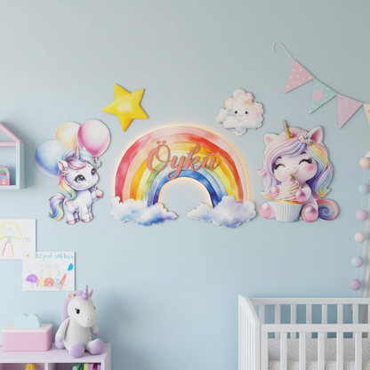 Kişiye Özel İsimli Unicorn Gökkuşağı 5 Parça Set, Led Işıklı Bebek Odası Ahşap Duvar Dekoru-İsim için Whatsapptan mesaj Atınız- - Gece Lambası