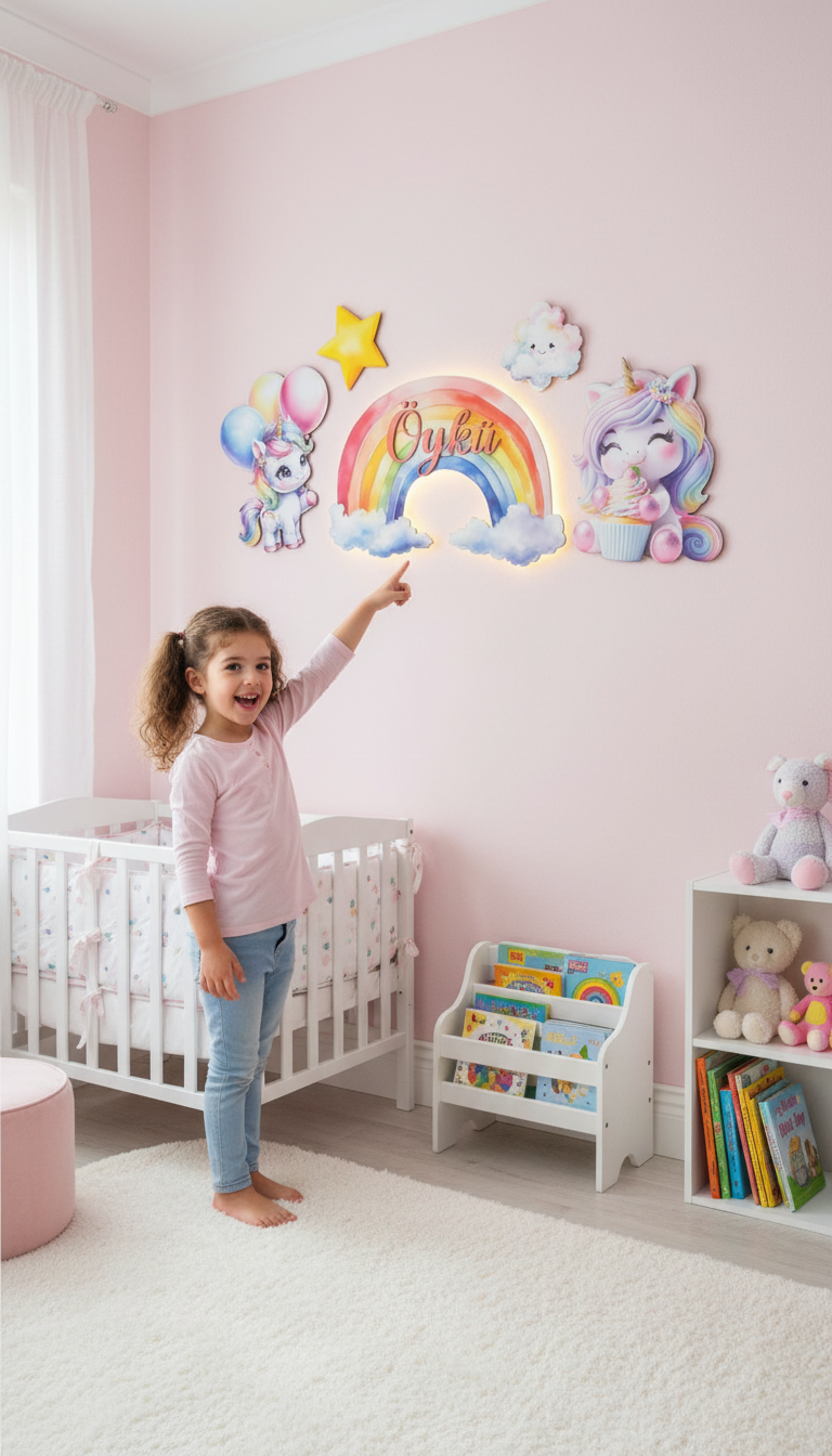 Kişiye Özel İsimli Unicorn Gökkuşağı 5 Parça Set, Led Işıklı Bebek Odası Ahşap Duvar Dekoru-İsim için Whatsapptan mesaj Atınız- - Gece Lambası
