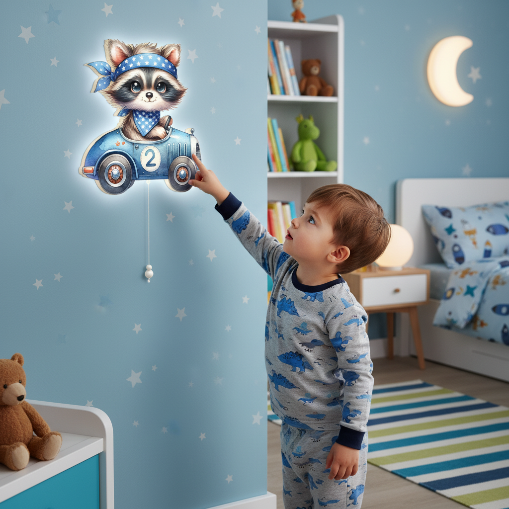 Yarışçı Rakun Led Işıklı Bebek Odası Ahşap Duvar Dekoru - Gece Lambası
