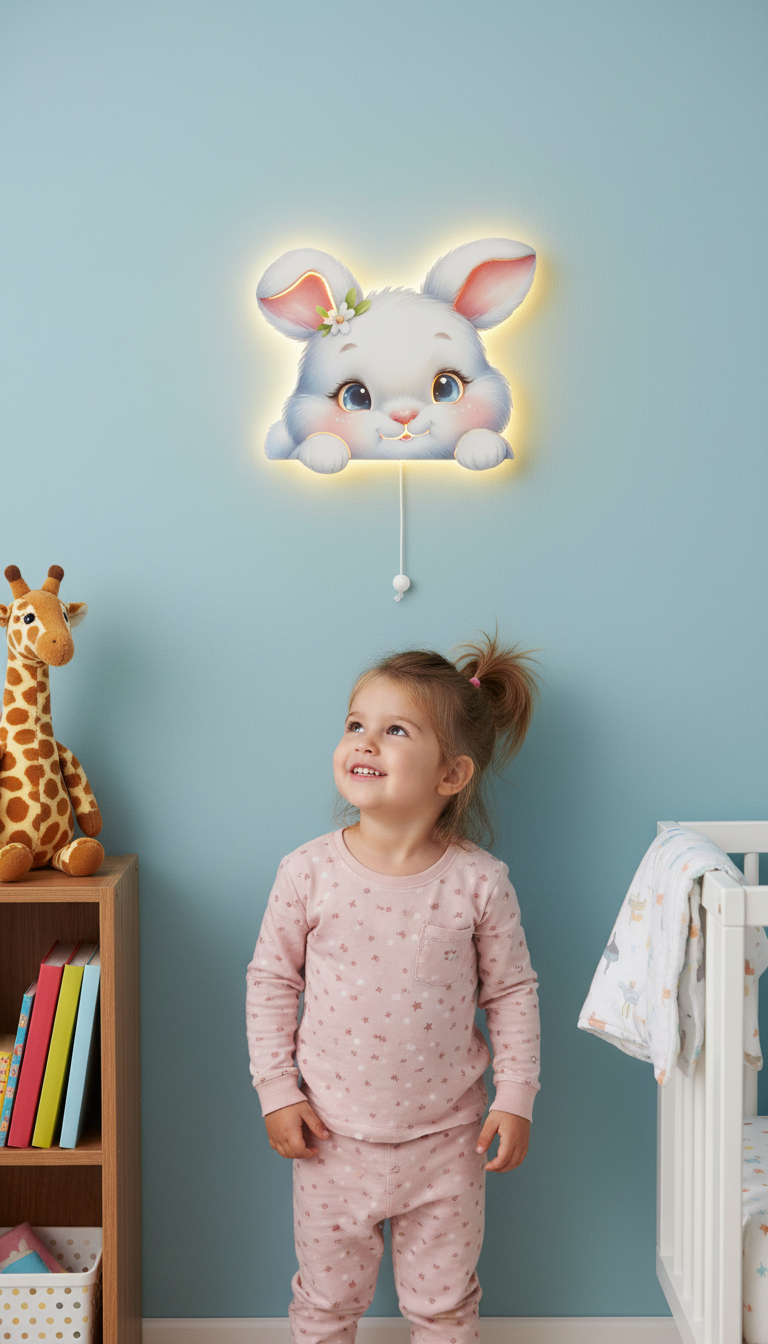Tavşan Pilli Led Işıklı Bebek Odası Ahşap Duvar Dekoru - Gece Lambası