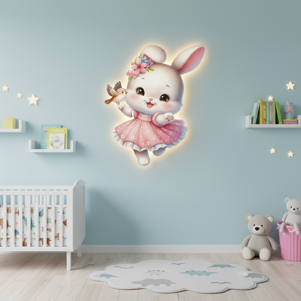 Neşeli Tavşan Led Işıklı Bebek Odası Ahşap Duvar Dekoru - Gece Lambası