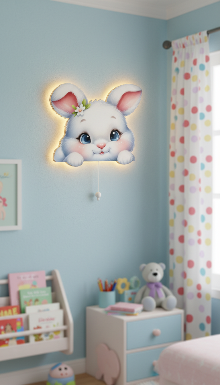 Tavşan Pilli Led Işıklı Bebek Odası Ahşap Duvar Dekoru - Gece Lambası