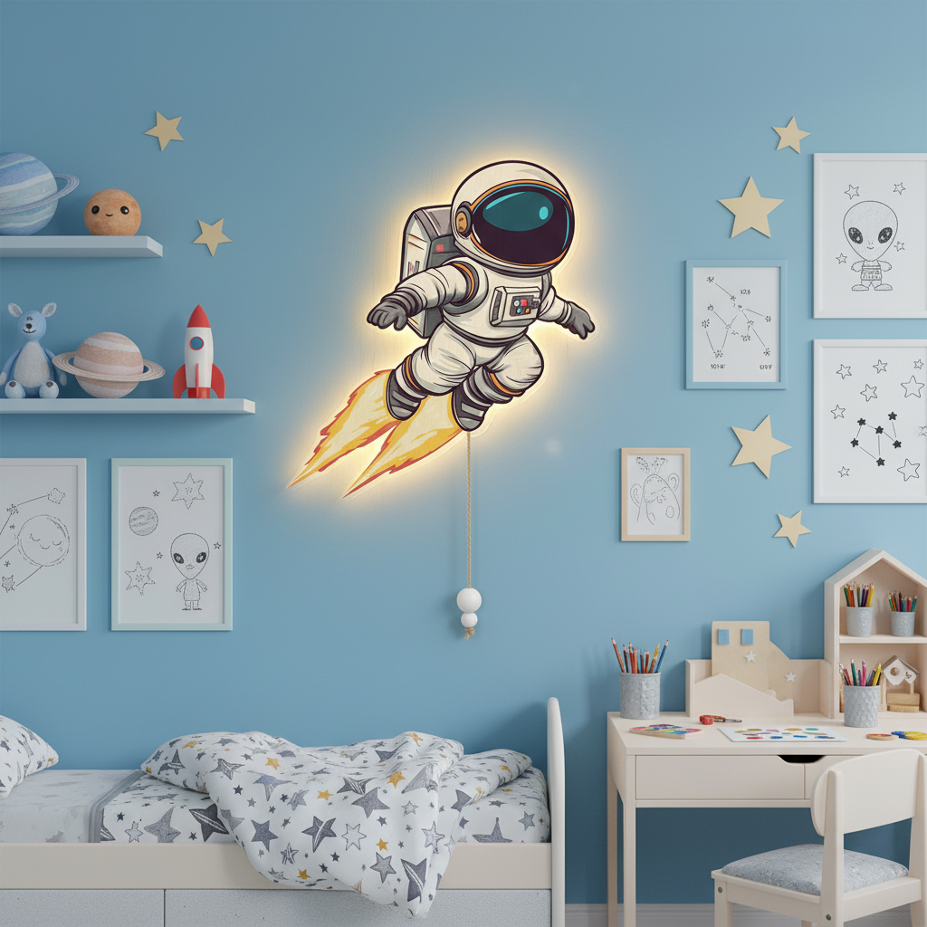 Uçan Astronot Led Işıklı Bebek Odası Ahşap Duvar Dekoru - Gece Lambası